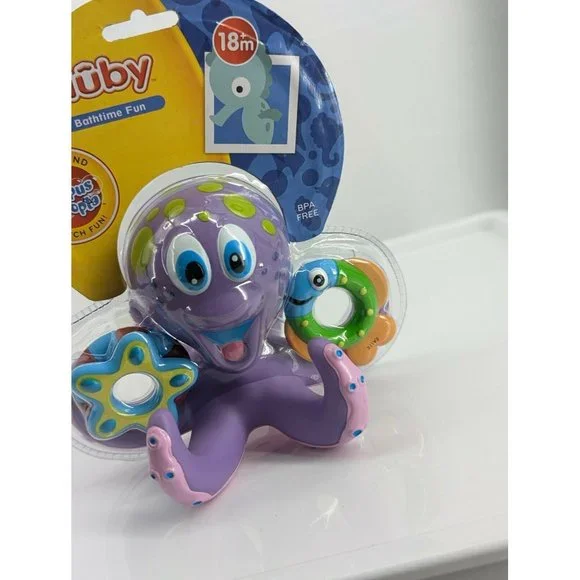 Nuby Floating Purple Octopus with 3 Hoopla Rings Interactive Bath Toy