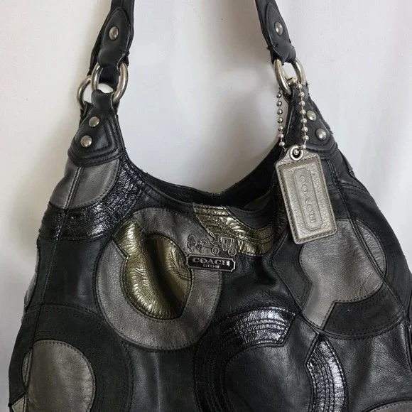 Large Coach Madison Shoulder MaggiebHobo Bag Op Art C Logo Black Leather READ