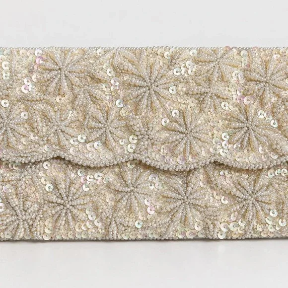 Vintage Ivory Beaded Sequin Clutch • Bridal Wedding Evening Bag • Coquette