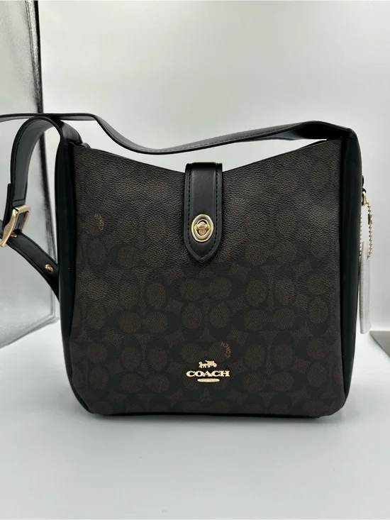 Coach Hadley Hobo Signature Canvas Brown Black Leather Turnlock Gold CW003 NWT