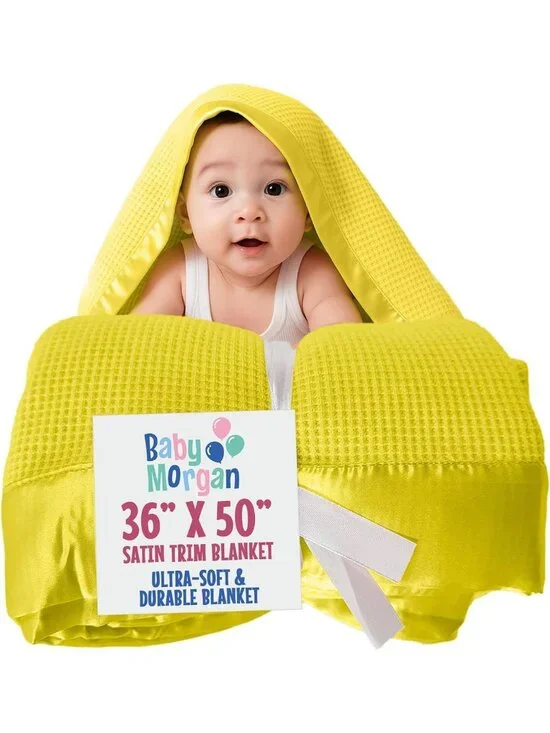 Cozy Yellow Thermal Waffle Knit Baby Blanket with Satin Trim, 36