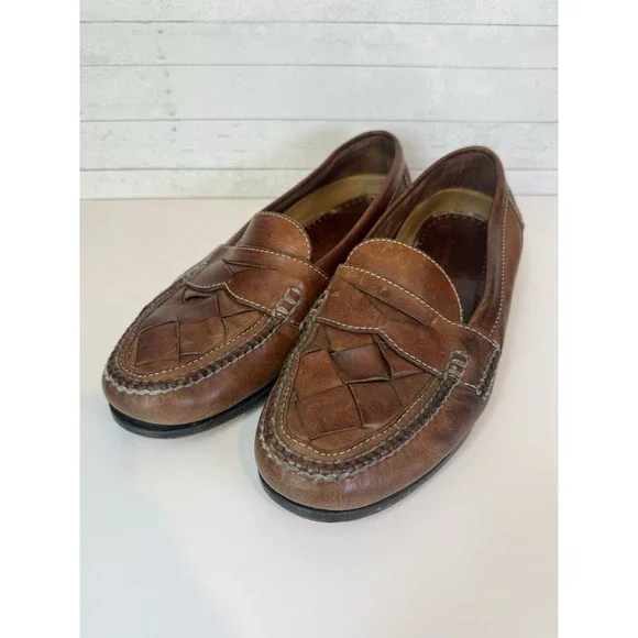 Johnston & Murphy Men's 13 Brown Leather Woven Penny Loafers Slip On Shoes
