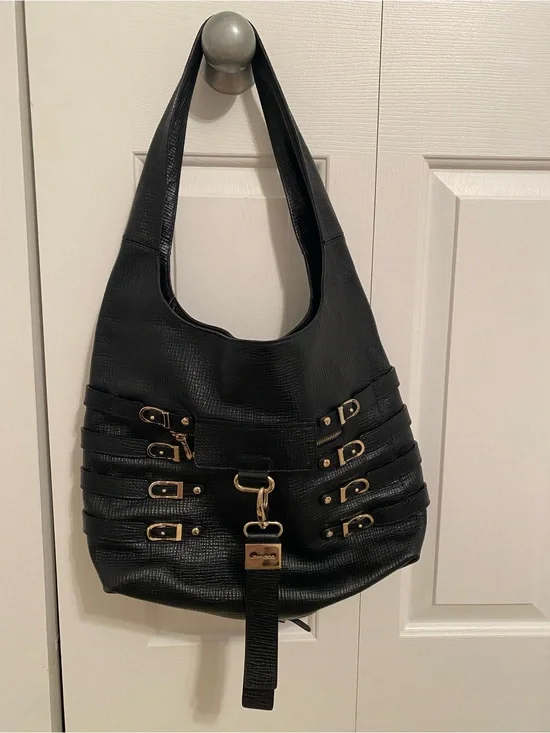 Jimmy Choo Black Shoulder Hobo Bag with Gold Accents
