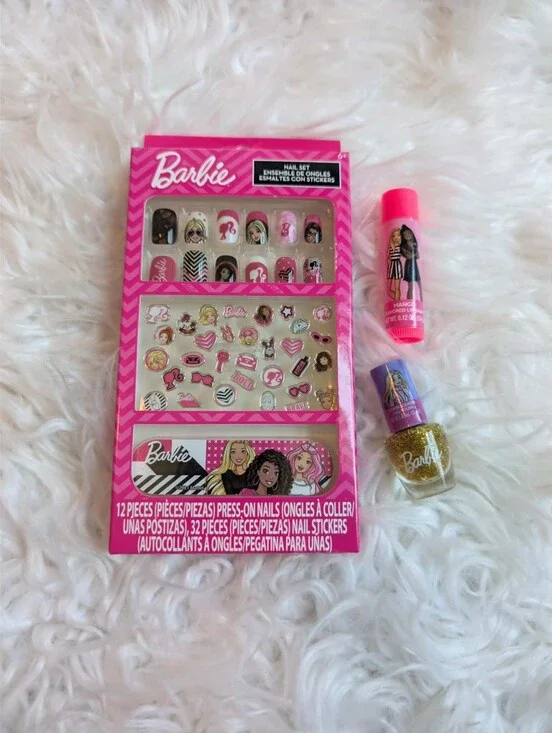 Nwt 3pc Barbie Pink and Gold Press-On Nail Set with Stickers