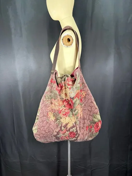 Handcrafted Large Hobo Bag Created with Vintage Fabric Corduroy Tapestry Print