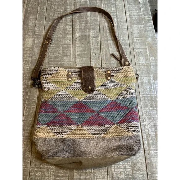 Myra Bag Angle Tangle Leather Cotton Canvas Shoulder Crossbody W/Pockets Purse