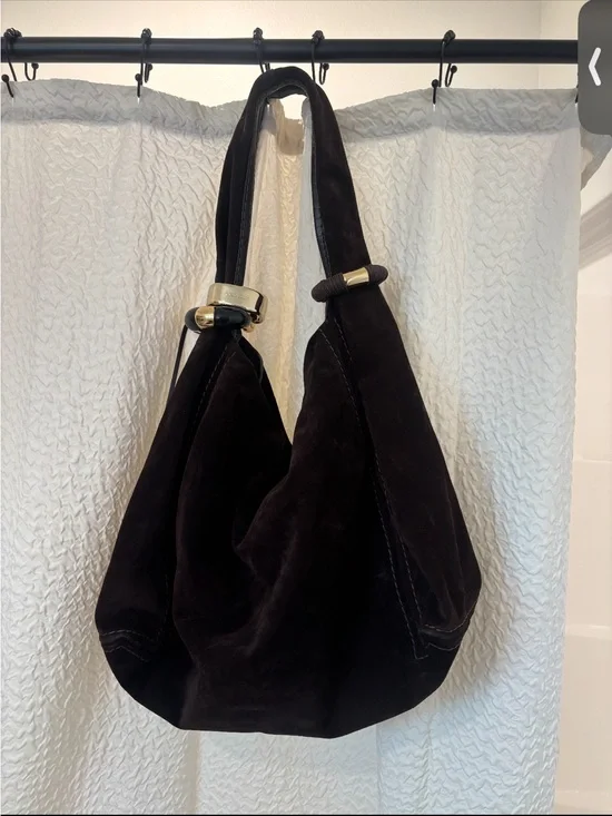 Jimmy Choo Dark Brown Suede Hobo with Gold-Tone Accents