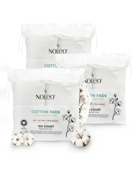 Large Organic Cotton Pads - 450 Count, Lint-Free, Soft, No Hard Edges, Pack of 3