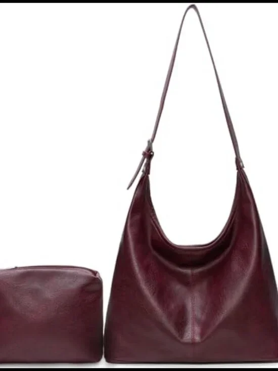 Vegan Leather Slouchy Hobo Shoulder Tote Bag with Matching Pouch