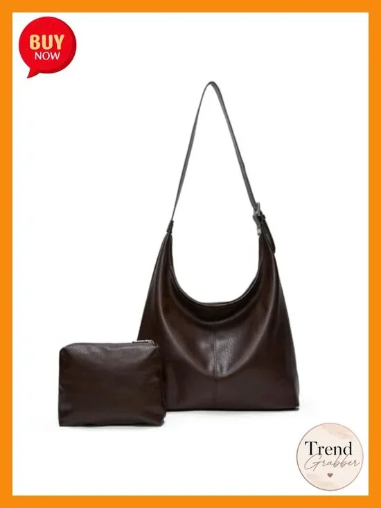 Vegan Leather Slouchy Hobo Shoulder Bag with Matching Pouch Laptop Tote