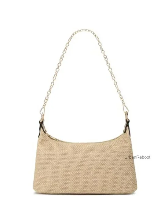 Woven Straw Shoulder Bag Polyester Boho Chain Strap Small Hobo Purse Beach