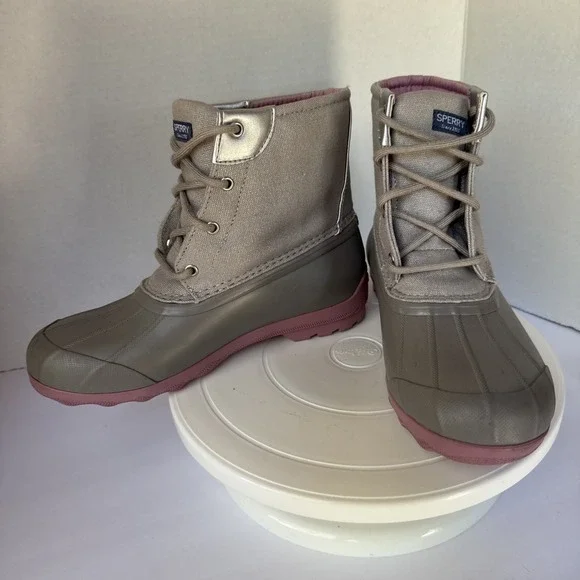 SPERRY Kids Port Duck Boots Girls 5M Grey Pink Water Resistant Weather Rain Snow