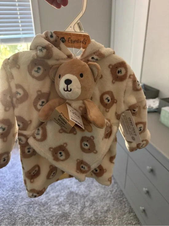 Essentials Cream and Brown Bear Plush robe with Matching Toy