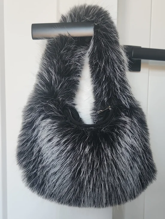 Faux Fur Hobo Bag in Black & Silver - Women's Fashion Accessory