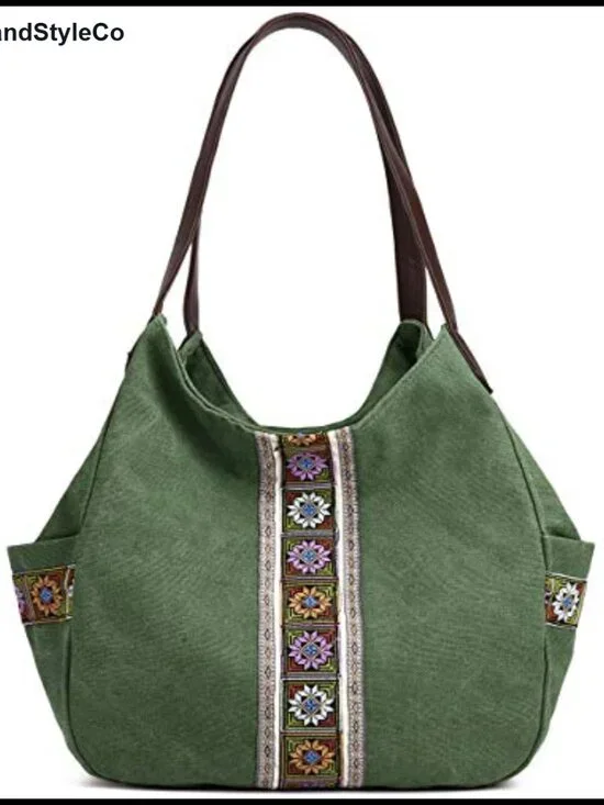 Canvas Hobo Purse Multi Pocket Tote Shoulder Bag Embroidery Ethnic