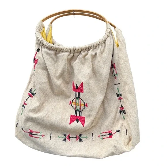 Vintage Boho Embroidered Canvas Hobo Bag Wooden Handle Southwestern Tote‎ Cream