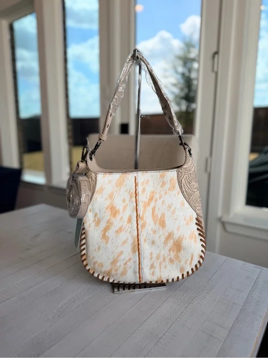 Trinity Ranch Cowhide ＆ Tooled Leather Hobo Crossbody Bag Tan