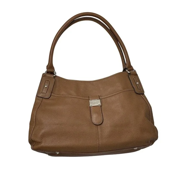 Tignanello Caramel Graham Cracker Brown Pebbled Leather Hobo‎ Bag Silver Y2K 15
