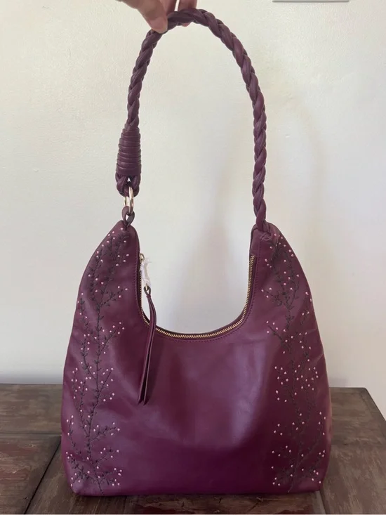 Coldwater Creek Wandering Thyme‎ maroon leather hobo floral embroidered bag