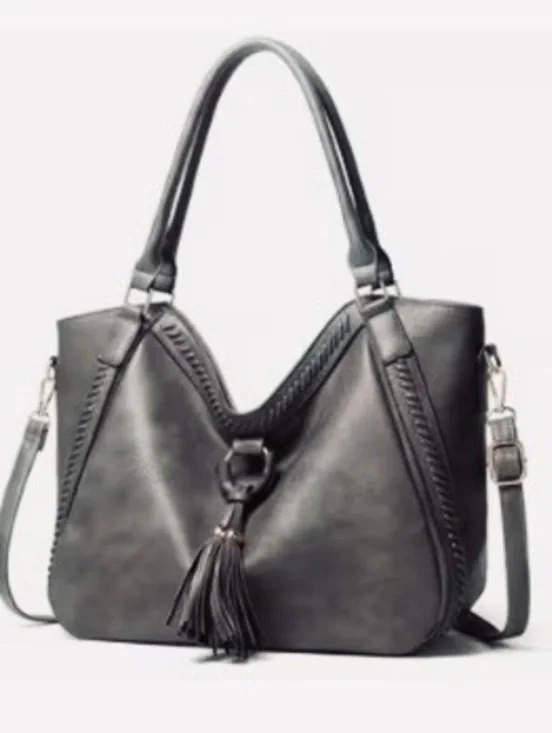 New -Faux Leather Shoulder Bag w/Tassel Details -Gray