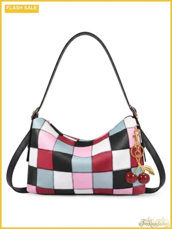 PU Leather Checkered Hobo Bag Vegan Leather Crossbody Purse with Cherry Charm