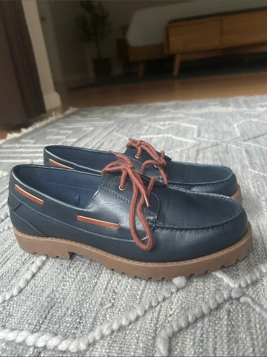 Men's Navy Blue Vegan Leather Lace-Up Boat Shoes w Brown Laces & Outsole- Size 5