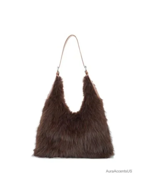 Fuzzy Faux Fur Hobo Shoulder Bag Large Plush Purse Adjustable Strap Winter Tote