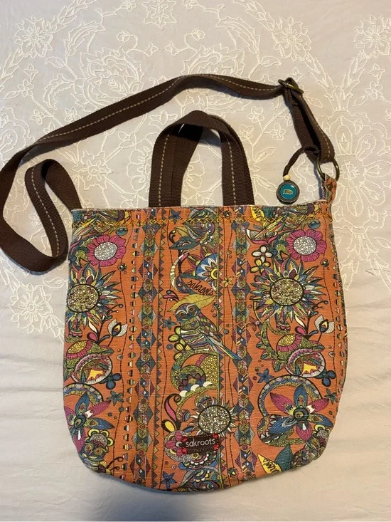 Sakroots Orange Floral & Bird Crossbody Tote