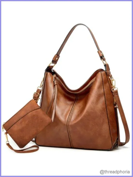 Soft Vegan Leather Hobo Tote Purse & Wallet Set with Crossbody Strap