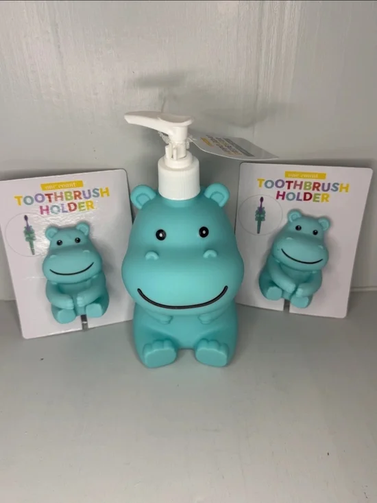 Hippo Kids Soap Dispenser and Toothbrush Holders - Aqua