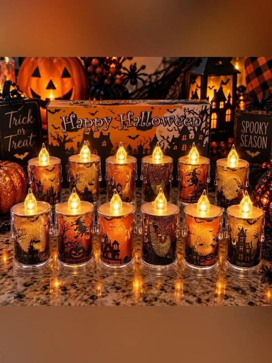 12- Halloween LED battery operated candles - Orange Haunted House Pack- New in