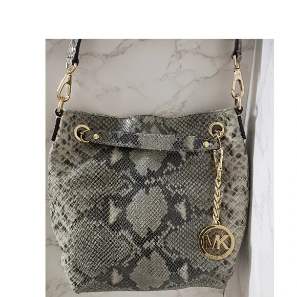 MICHAEL KORS Jet Set Gray Python Embossed Leather Hobo Shoulder/Crossbody Bag