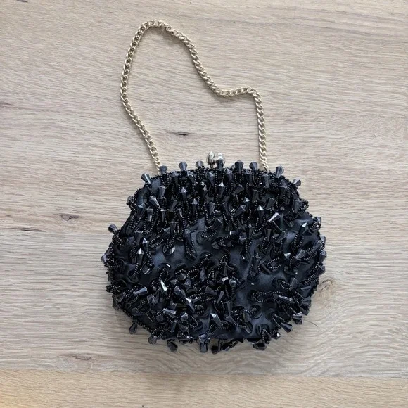 Black Beaded Clutch Purse, Kiss Lock, Gold Shoulder Chain Strap, Lined