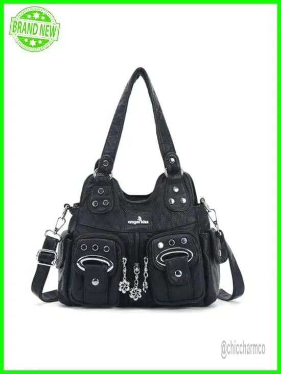 Washed Vegan Leather Small Hobo Shoulder Bag Multi-Pocket Crossbody Purse