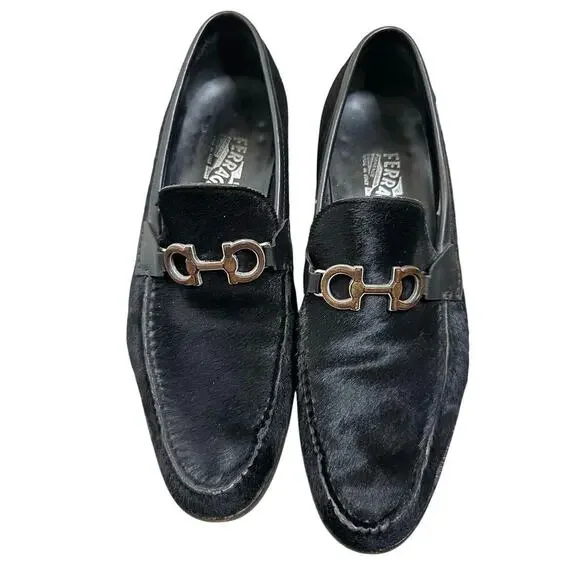 Salvatore Ferragamo Pony Hair Horse Bit Loafers Men's Black Size 8D