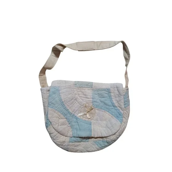 Vintage 90s Handmade‎ Quilted Tote Bag Blue White Hobo