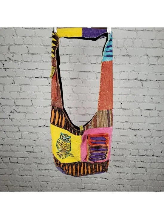Multicolor Cotton Embroidered Owl Boho Zipped Crossbody Hobo Tote Bag Nepal Made