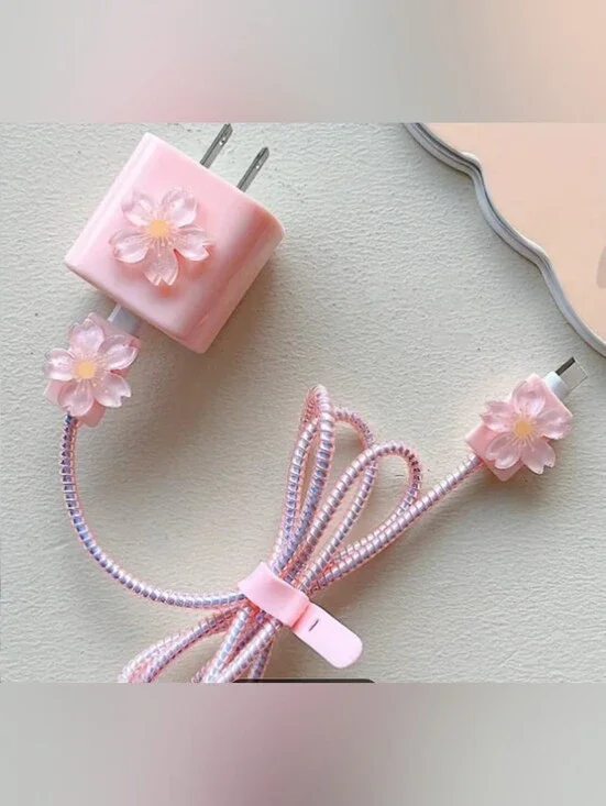 Pink 3D Sakura Charger Block & Cable Protector Set - Kawaii Floral Desk Decor