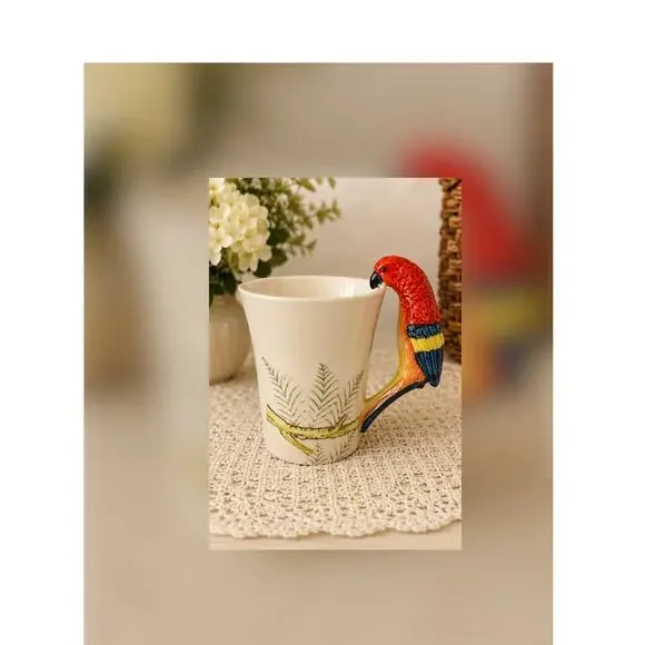 Pier1 Imports Parrot Mug 3D Bird Handle Hand Painted Stoneware Tropical 16 oz