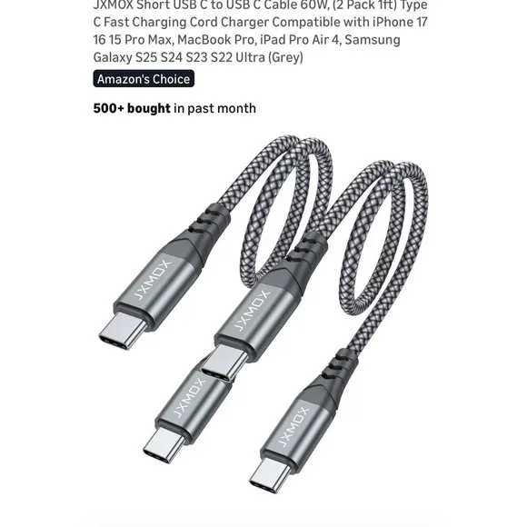 JXMOX 2 Pack High Quality Digital Cables USB C to‎ USB C Cables 0.3M Gray