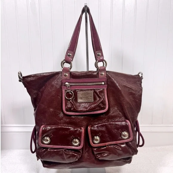 Coach Poppy Spotlight Pocket Hobo Bag Large Burgundy Purple Patent Leather 13869