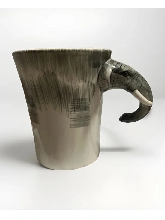 Elephant-Handle Ceramic Art Mug in Gray and Cream