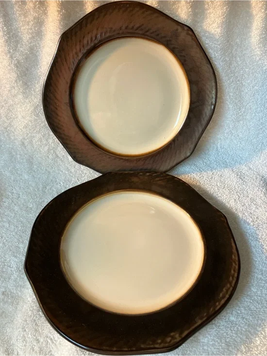 Pier 1 Cream and Metallic Bronze Ceramic Salad Plates 8 1/2” Set of 2