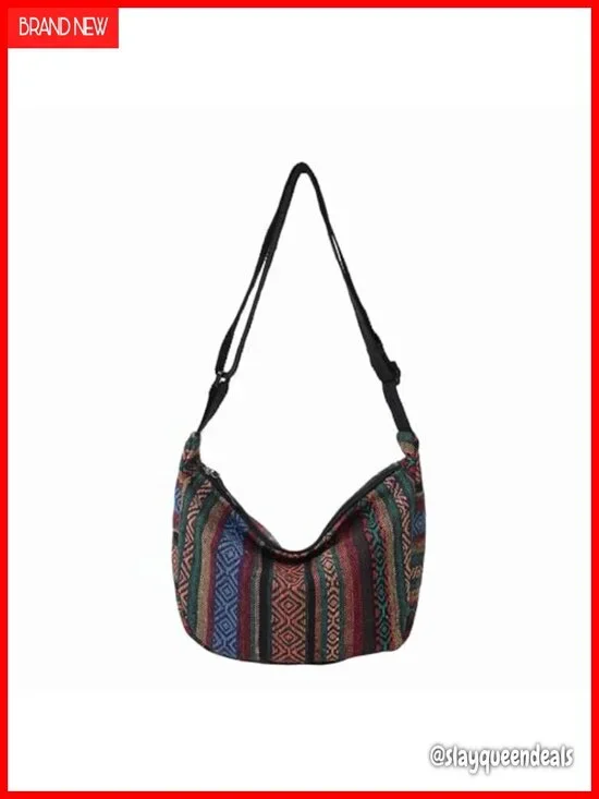 Boho woven hobo crossbody bag, ethnic geometric pattern, adjustable strap