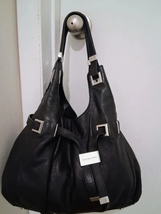 Michael Kors Smooth Black Leather Hobo Bag W/ Silver Hardware