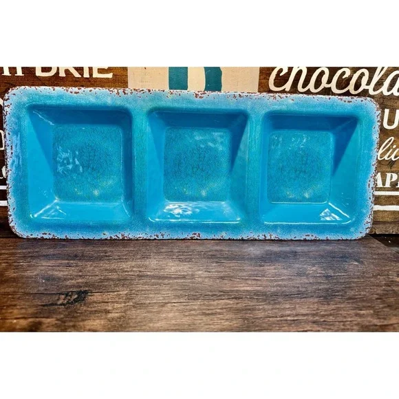 PIER‎ 1 Carmelo Crackle Aqua Blue Teal Melamine 3 Part Serving Tray Rustic 19.5