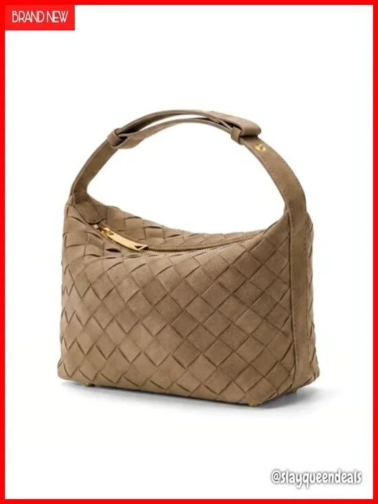 Hand-Woven Faux Suede Hobo Shoulder Bag Vegan Leather Women's Handbag