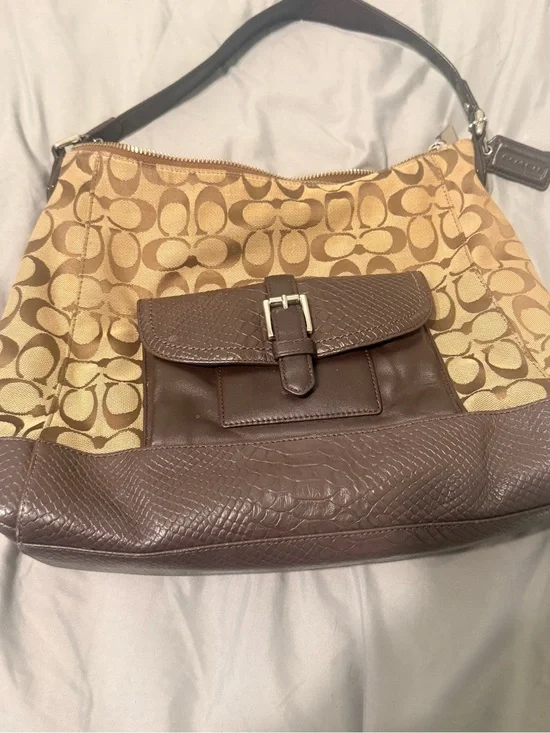Coach Tan & Brown Signature Canvas Hobo with Front Buckle Pocket