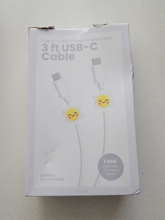GEMS 60W USB-C to USB-C 3 ft Cable with Yellow Flower Charm - White
