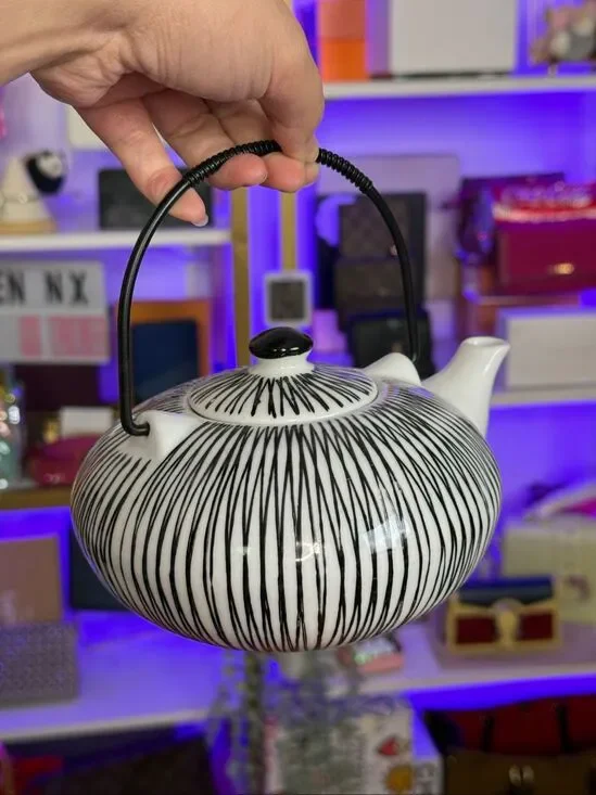 Pier One Akina Black & White Stripe With Lid Metal Handle Japanese Style